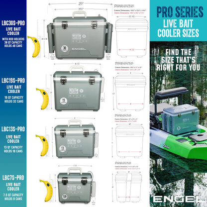 ENGEL 30 Quart Live Bait Cooler PRO for Fishing - Portable Minnow and Bait Bucket with Lithium-Ion Rechargeable Aerator with 4 Rod Holders - Silver (30QT)