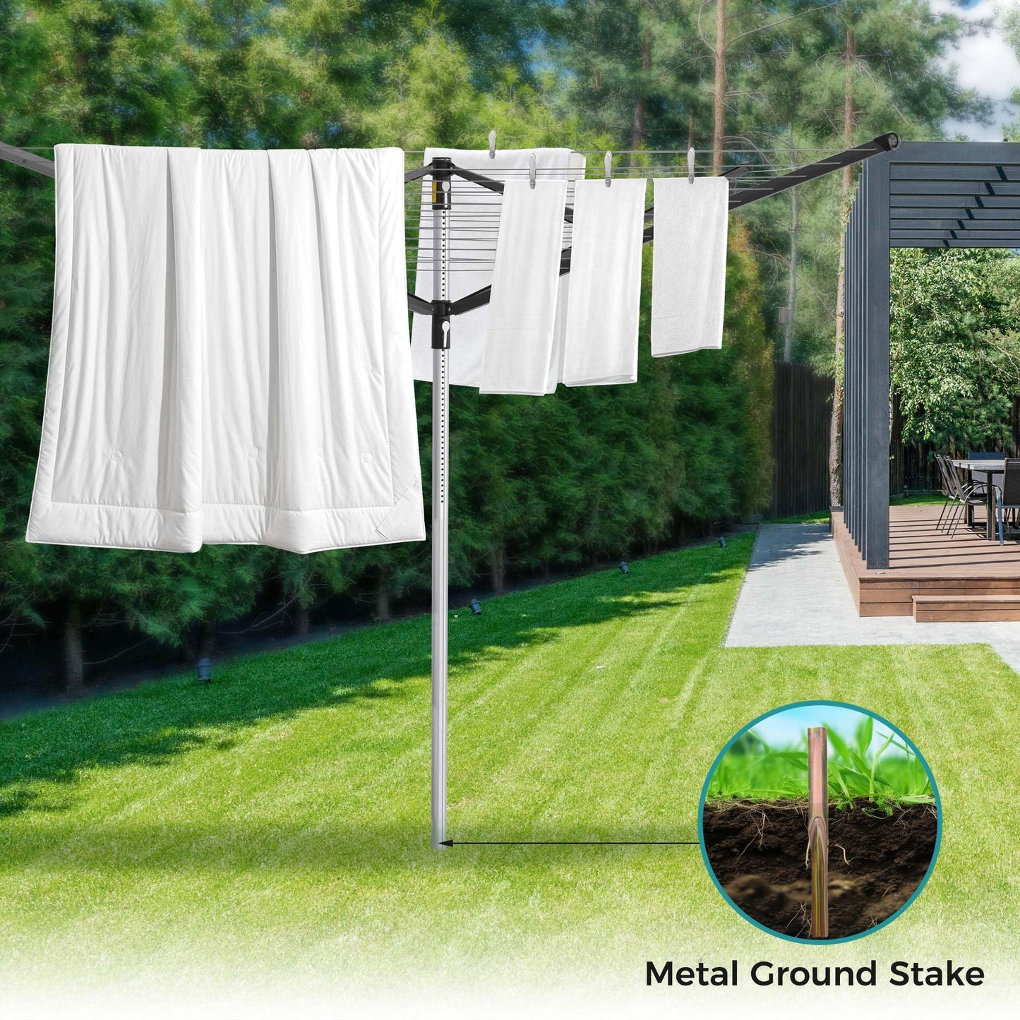 Sukkiri Homu Umbrella Drying Rack, Retractable Outdoor Drying Rack, Height Adjustable, 196 ft Long Clothesline, Holds 5 Laundry Loads, for Garden, with Ground Stake