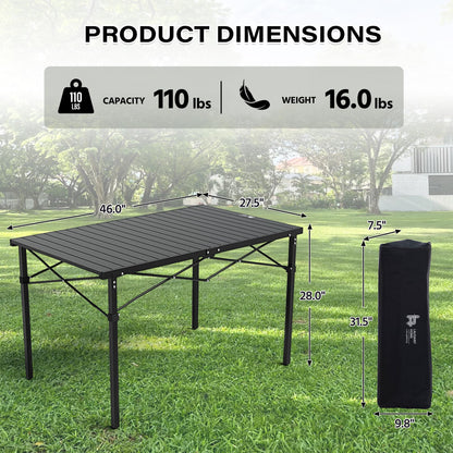 OUTSIDER Folding Camping Table with Aluminum Roll-up Tabletop Portable Lightweight Beach Table with Carry Bag for Outdoor Cooking, Picnic, BBQ, Travel, Backyard, Black, 46" x 28"