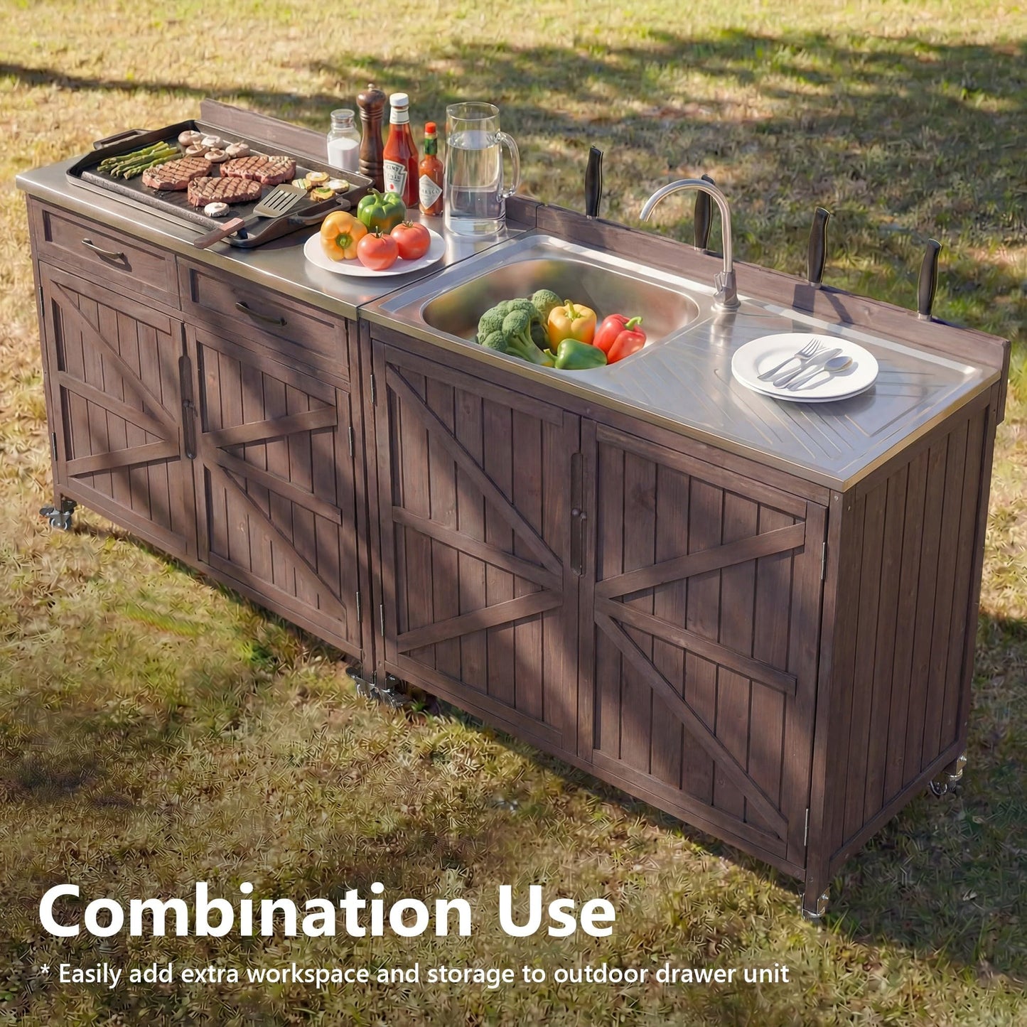 Merax Farmhouse 39.4" Outdoor Grill Cart with Stainless Steel Sink & Back Splash, Wood Rolling BBQ Prep Table w/Storage Cabinet & 4 Lockable Wheels for Patio and Outdoor Cooking,Dark Brown