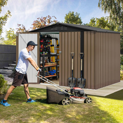 DWVO 8'x6' Large Metal Outdoor Storage Shed, Heavy Duty Tool Storage Sheds for Backyard Patio Lawn - Ideal for Bicycles, Garden Tools, and Lawn Equipment, Easy-to-Assemble, Brown