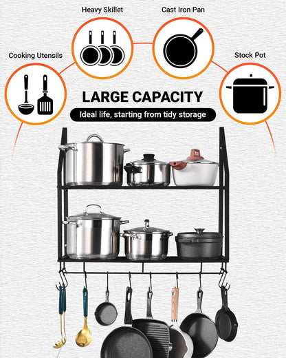 Hoooh 30-Inch Wall Mount Pot Racks - 2-Tier Pot Rack Pan Hanger for Kitchen Storage and Organization - Matte Black Cookware Hanging Shelves with 10 Hooks