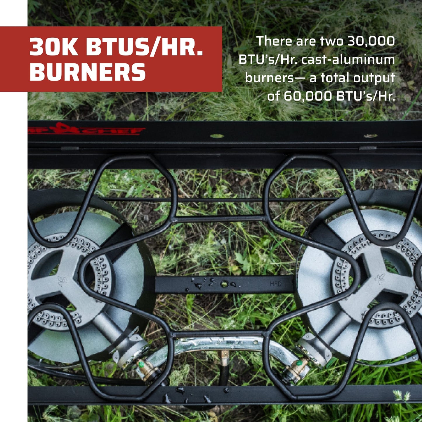 Camp Chef Explorer, Two Burner Stove, Two 30,000 BTU's cast-aluminum burners, Cooking Dimensions: 14 in. x 32 in, Black
