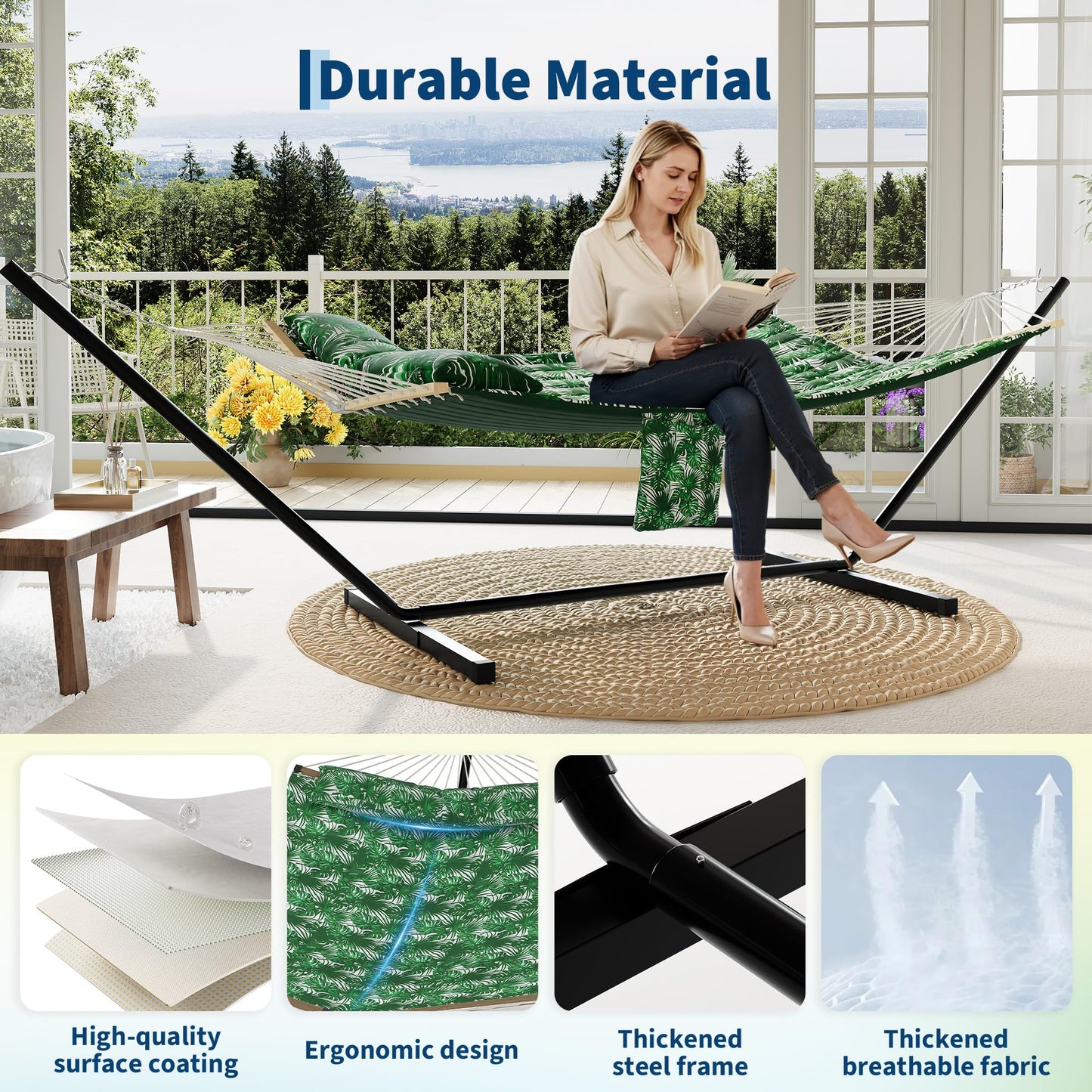 2 Person Double Hammock with Adjustable Steel Stand & Pillow, Heavy Duty Portable Outdoor Hammock Set, MAX 450 LBS Weight Capacity for Patio, Garden, Beach, Backyard