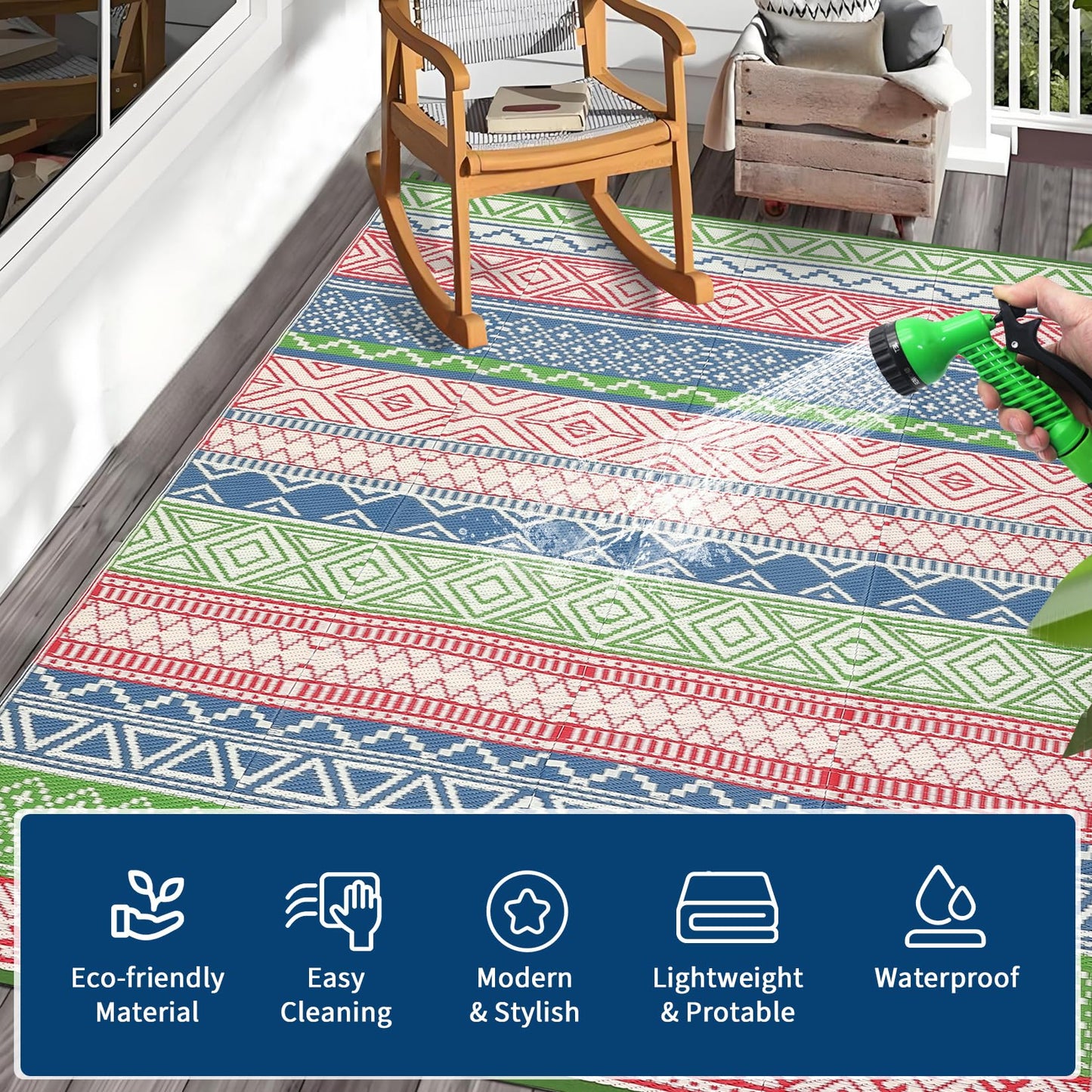 LUXLOOM Outdoor Patio Rug 10x20 Outdoor Rug Boho Plastic Straw Rugs for Patio Reversible Mat Waterproof Camping Rugs for RV Beach Deck Picnic Backyard Porch Easy Clean Floor Cover, Green Blue