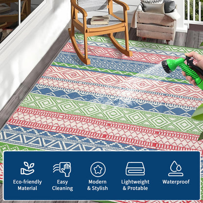 LUXLOOM Outdoor Patio Rug 10x20 Outdoor Rug Boho Plastic Straw Rugs for Patio Reversible Mat Waterproof Camping Rugs for RV Beach Deck Picnic Backyard Porch Easy Clean Floor Cover, Green Blue