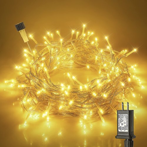 Hopolon 100 LED Christmas Lights Indoor Outdoor,33FT Warm White Twinkle Fairy Light Plug in,8 Modes Waterproof Clear Wire String Lights for Bedroom Classroom Xmas Tree Wedding Party,100 LED,Warm White