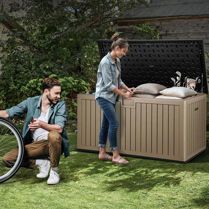 YITAHOME XXL 260 Gallon Large Deck Box,Outdoor Storage for Patio Furniture Cushions,Garden Tools and Pool Equipment with Flexible Divider,Waterproof,Lockable (Black&Brown)