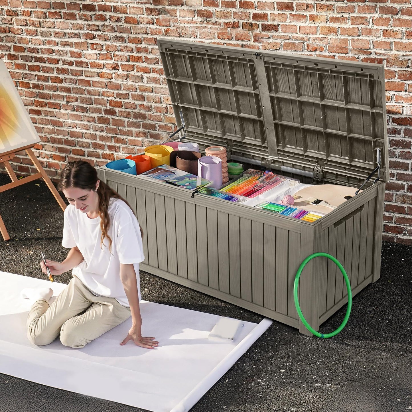DWVO 180 Gallon XL Deck Box with Divider & Lockable Lid, Waterproof Resin Outdoor Storage for Patio, Garden, Poolside, Cushions, Supplies & Sports Gear, Light Brown