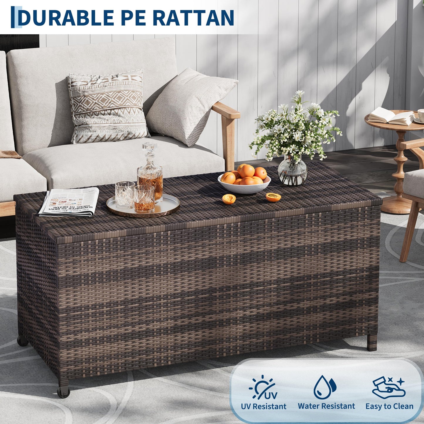 125 Gallon Large Deck Box Waterproof PE Rattan Outdoor Storage Box with Handles and Wheels, Storage Bin for Garden, Balcony, Porch, Pool, Yard