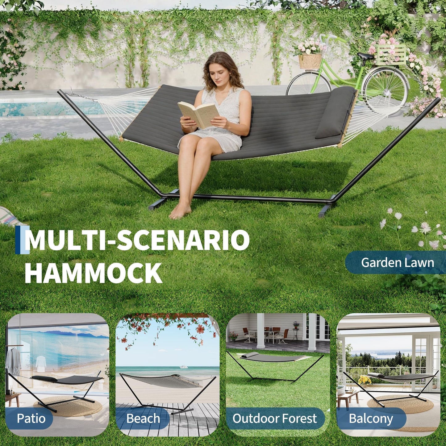 Garvee 2 Person Portable Double Hammock for Outdoor with Pillow, Heavy Duty Portable Hammock with Adjustable Steel Stand for Patio, Garden, Beach, Backyard