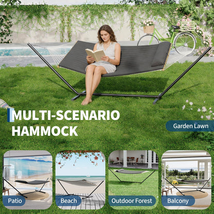 Garvee 2 Person Portable Double Hammock for Outdoor with Pillow, Heavy Duty Portable Hammock with Adjustable Steel Stand for Patio, Garden, Beach, Backyard
