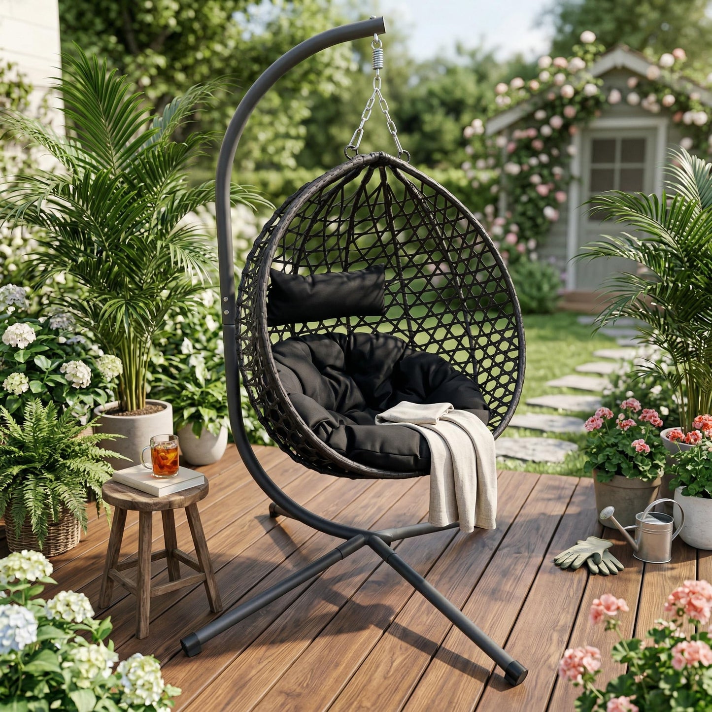 KEIKI Hanging Egg Chair with Stand, Patio Hammock Swing Chair with Cushion, Patio Swing Basket Chair for Balcony, Backyard, Garden, Black