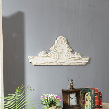 SOFE 33" Distressed White Finish Wooden Scroll Over The Door Decor, Large Decorative Wall Sculpture, Carved Wood Wall Art Hanging Window, Unique Wall Decor for Farmhouse Living Room Kitchen