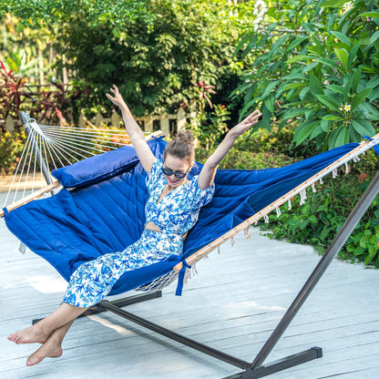 Lazy Daze Hammocks Double Hammock with 12 ft Steel Stand, 2 Person Cotton Rope Hammock with Quilted Pad, Spreader Bars, Detachable Pillow, Mag Bag & Cup Holder, Blue