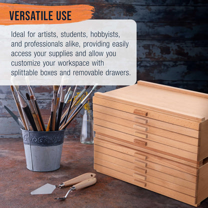 U.S. Art Supply 10-Drawer Artist Tool Supply Box with 5 Compartments per Drawer - Hardwood Art Box for Artist Supplies, Brushes, Pencils, Erasers, Tool Storage Organizer Case