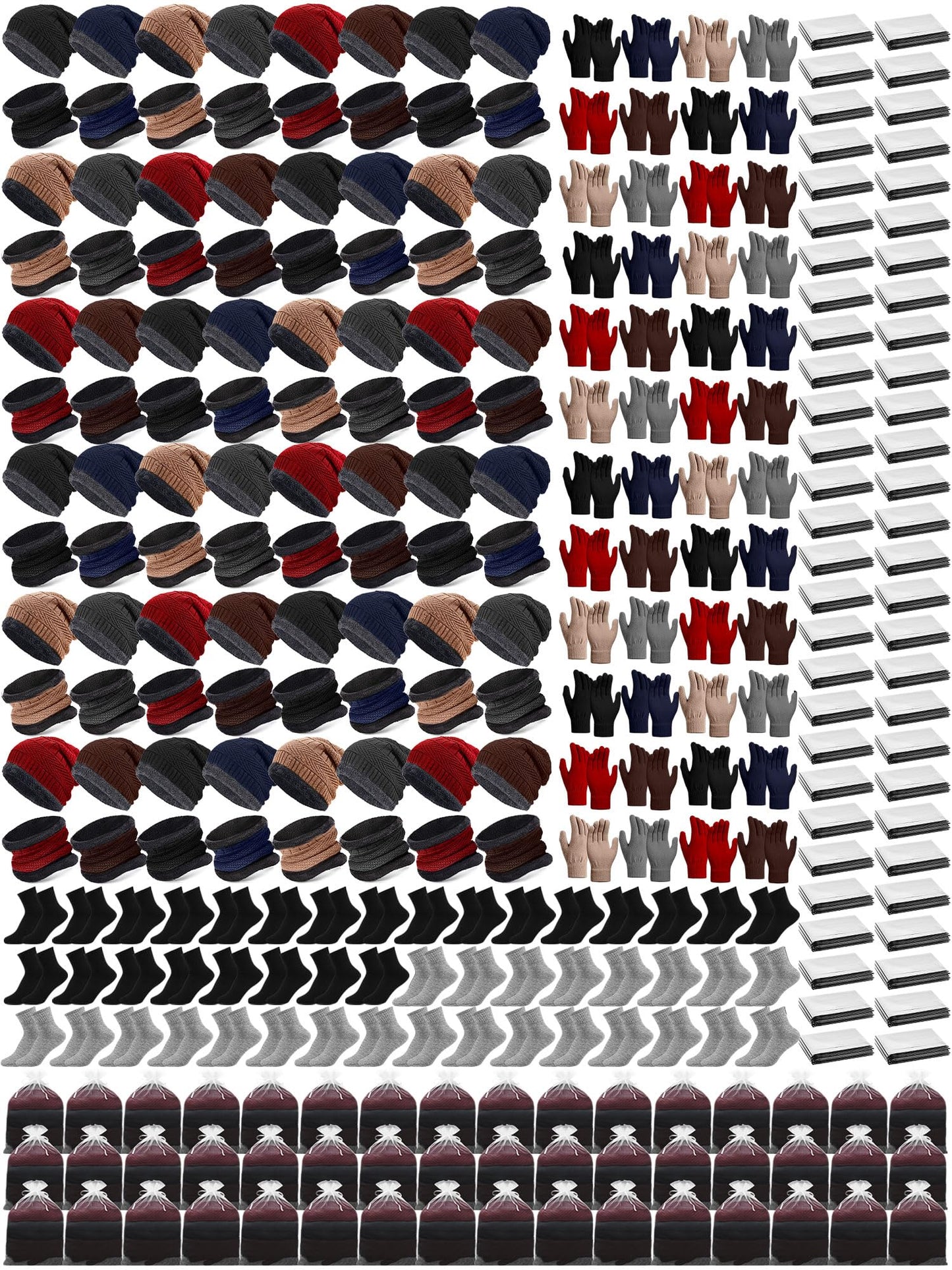 Shyyween 288 Pcs Homeless Care Package Supplies Winter Beanies Hats Neck Warmers Scarf Gloves Sock Emergency Blanket and Organza Bag