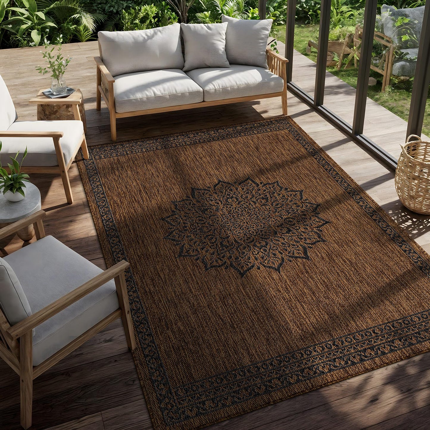 CAMILSON Outdoor Rug 9x12 Medallion Gold Modern Large Area Rugs for Indoor and Outdoor Patios Kitchen and Hallway Mats Washable Porch Deck Outside Carpet (Medallion Gold 9 x 12)