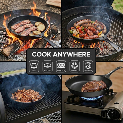 SOLIDTEKNICS 11" Outdoor Skillet Set – Naturally Seasoned Australian Iron Skillet with Stainless Steel Flipper & Mini Pan Scraper Camping Cookware for Grill, Smoker, Fire Pit & Campfire Cooking