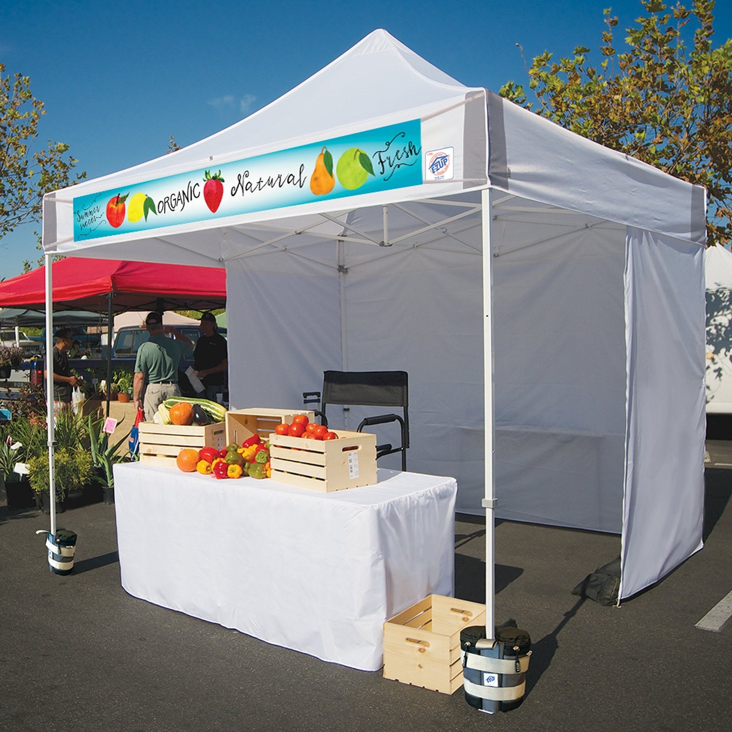 E-Z UP ES100S Instant Commercial Pop Up Canopy Tent, 10' x 10' with 3 Sidewalls, 1 Mid-Zip Sidewall and Wide-Trax Roller Bag, White