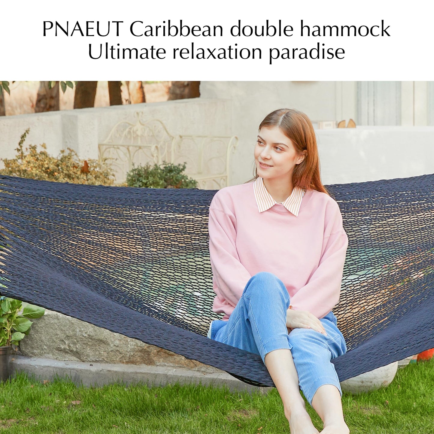 PNAEUT Double Rope Hammocks for Outside, Handwoven Double Caribbean Hammock with Spreader Bar for Outdoor Indoor, Max 600 lbs Capacity (Abyss)