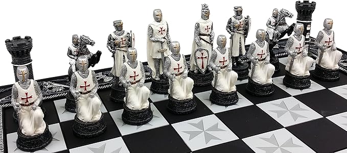 HPL Medieval Times Crusades Blue and White Armored Maltese Knights Chess Set with 17 Board