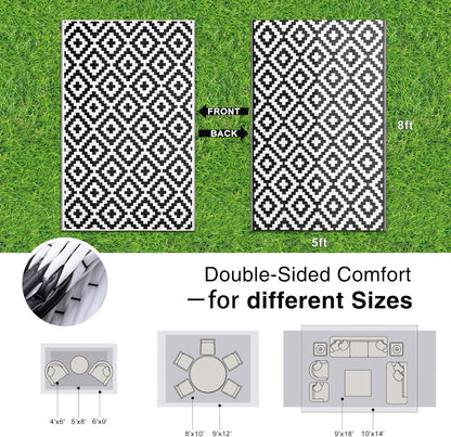 OLANLY Waterproof Outdoor Rug - Versatile 5x8 ft Plastic Straw Mat for Camping & Porch | Black & White