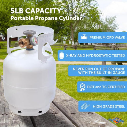 Flame King 5lb Steel Propane Tank Cylinder - Gauge & OPD Valves for Grills, BBQs & Camping | White