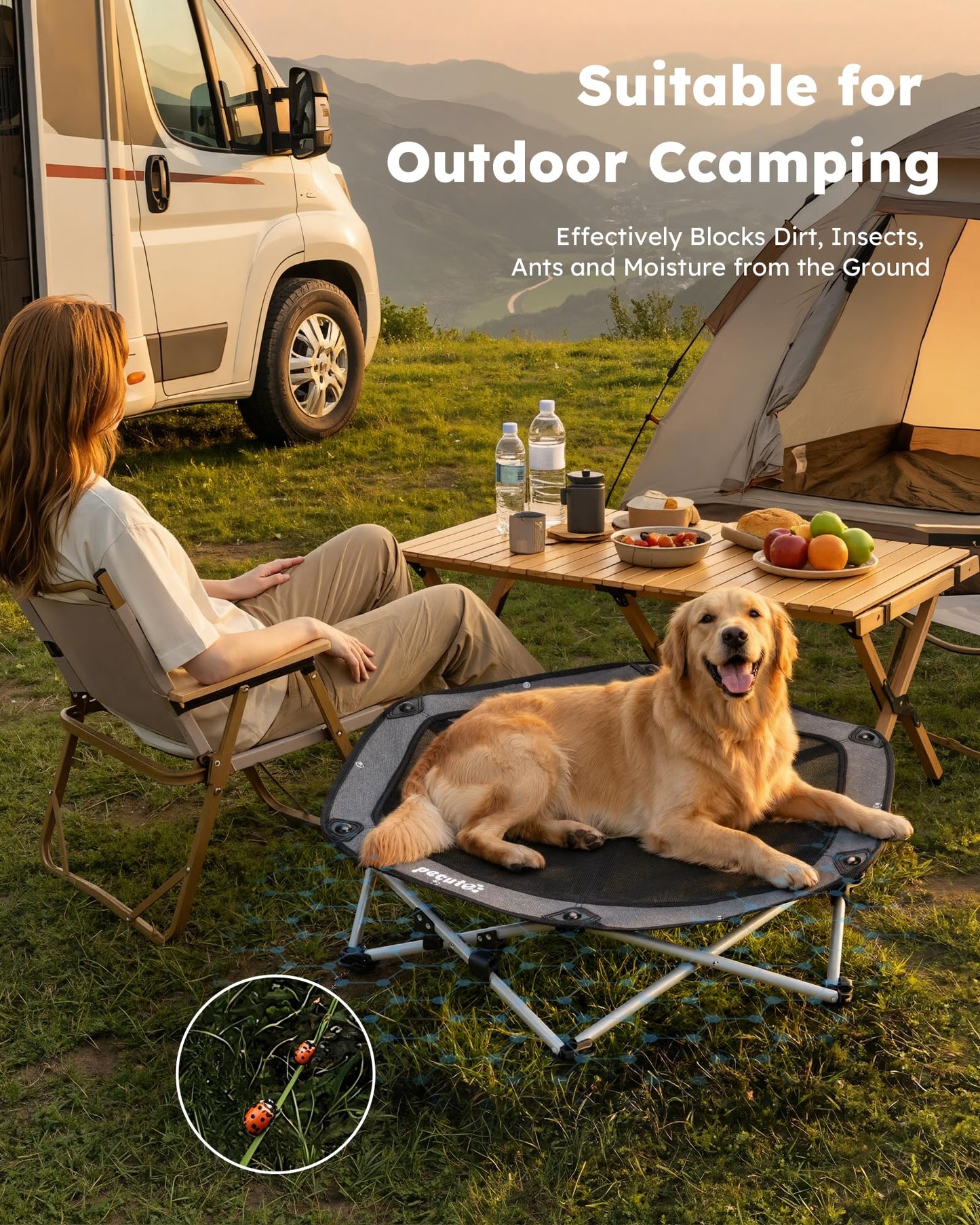 Pecute Elevated Dog Bed with Cooling Blanket, Chew Proof Outdoor Pet Cot for Large Dogs, Tool-Free Assembly & 360° Breathable Mesh for Summer Camping, Orthopedic Joint Support, XL, 38.2×35.4×7.9"