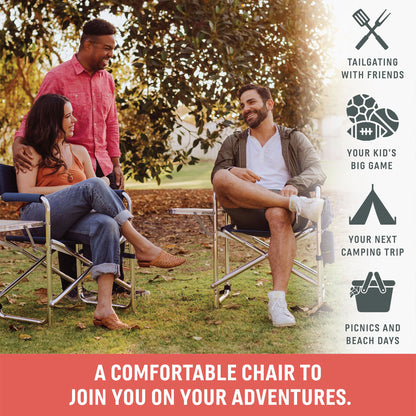 PICNIC TIME Sports Chair with Side Table and Armrest Caddy, Lightweight Aluminum Folding Outdoor Camping Chair for Adults, Portable Director Style Lawn Seating with Pockets & Strap, (Hunter Green)