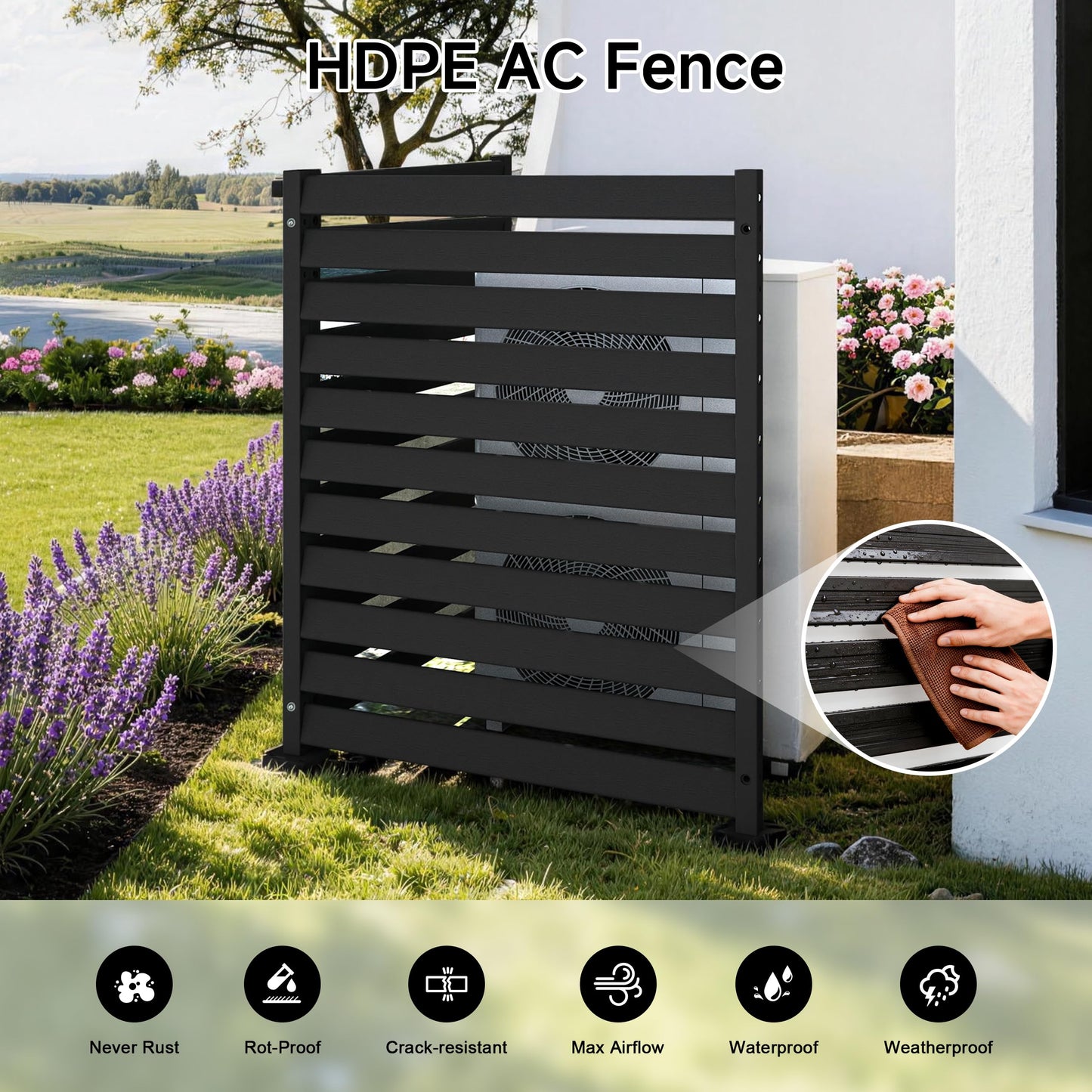 Air Conditioner Fence 2 Panels, 38" W x 48" H HDPE Privacy Fence Panel, Outdoor Privacy Fence Screen with Metal Stakes, No Dig Pool Equipment Enclosure & Trash Can Enclosure for Backyard Patio