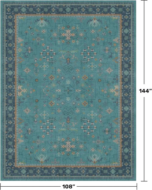 Boho 9x12 Large Teal Green Washable Rug - Vibrant Turquoise Carpet for Living Room, Bedroom & Dining Room