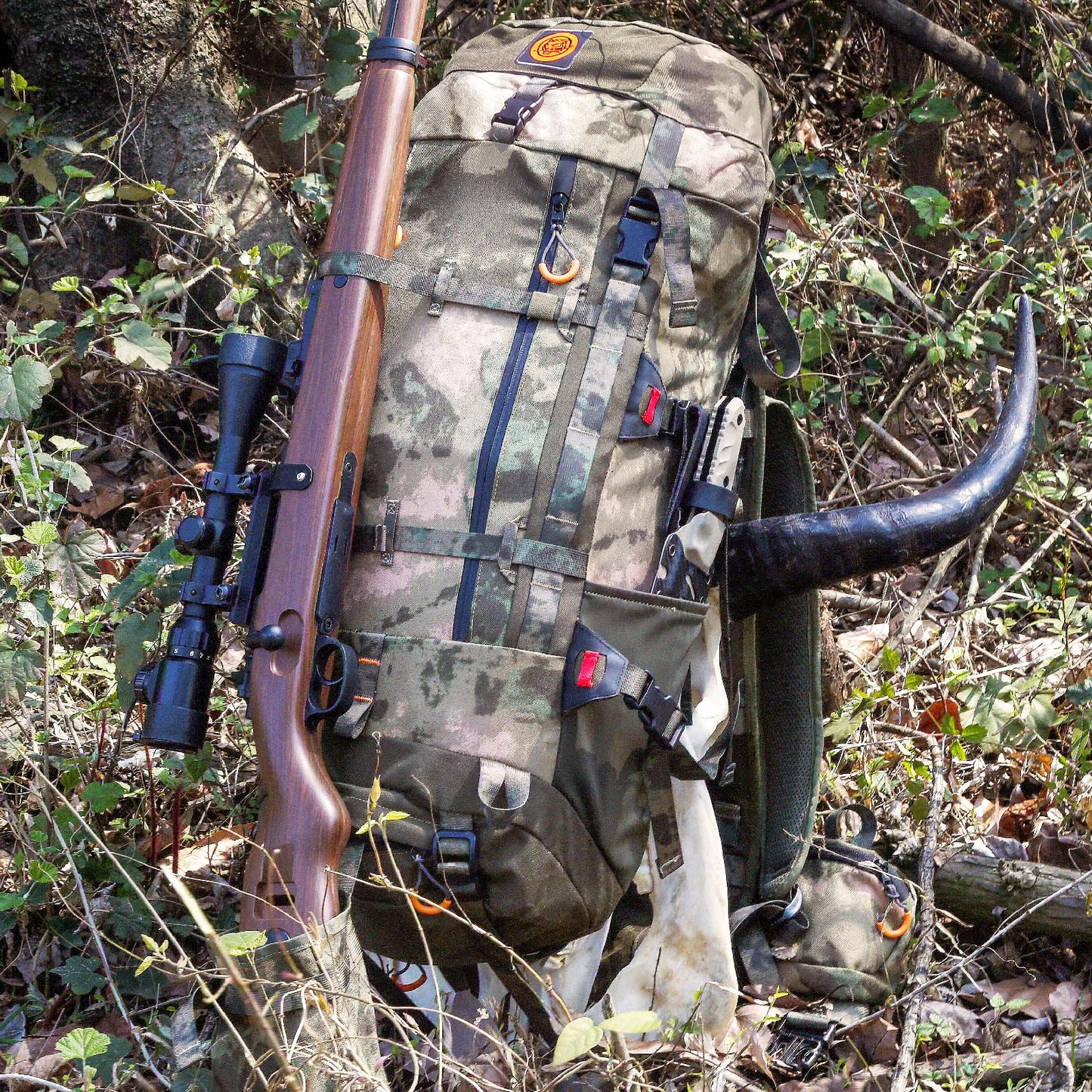 TKLoop Hunting Pack for Men – 40L Expandable Tactical Frame Backpack, Meat Hauler, Rifle Holder, Shotgun Rest, Water Resistant, Camouflage