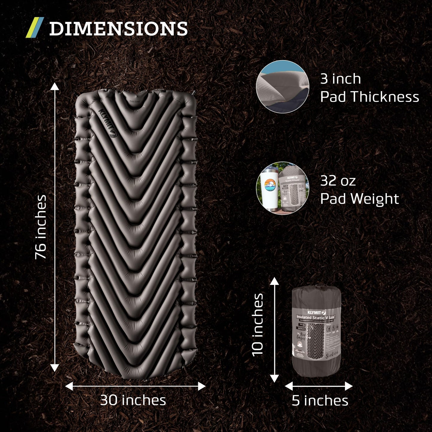 Klymit Static V Luxe Sleeping Pad, Lightweight Lofted Camping Air Mattress for Tents and Cars with Body Mapping Tech, 3 In Thick Grey