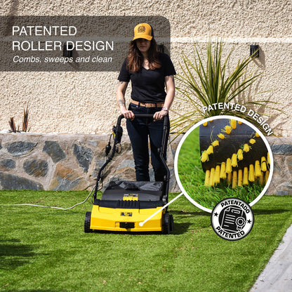 Artificial Turf Sweeper by Roll & Comb, Corded Electric Turf Comb for Synthetic Grass, 16" Working Width, 40L Leaf Collector, 1,600W Motor, Model 502e, 39.5lb
