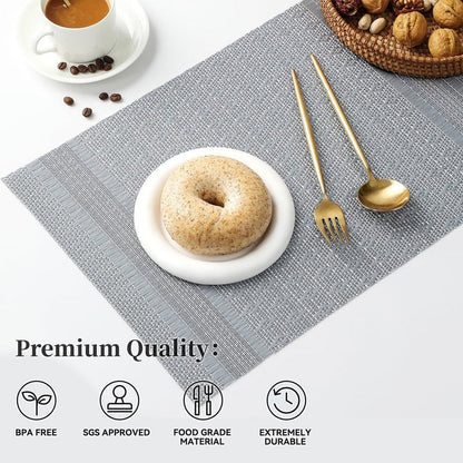 Leetaltree Lunar Grey Placemats Set of 6 - Heat Resistant Non-Slip Place mats for Dining Table, Washable Durable PVC Vinyl Woven Table Mats（Lunar Grey, 6）