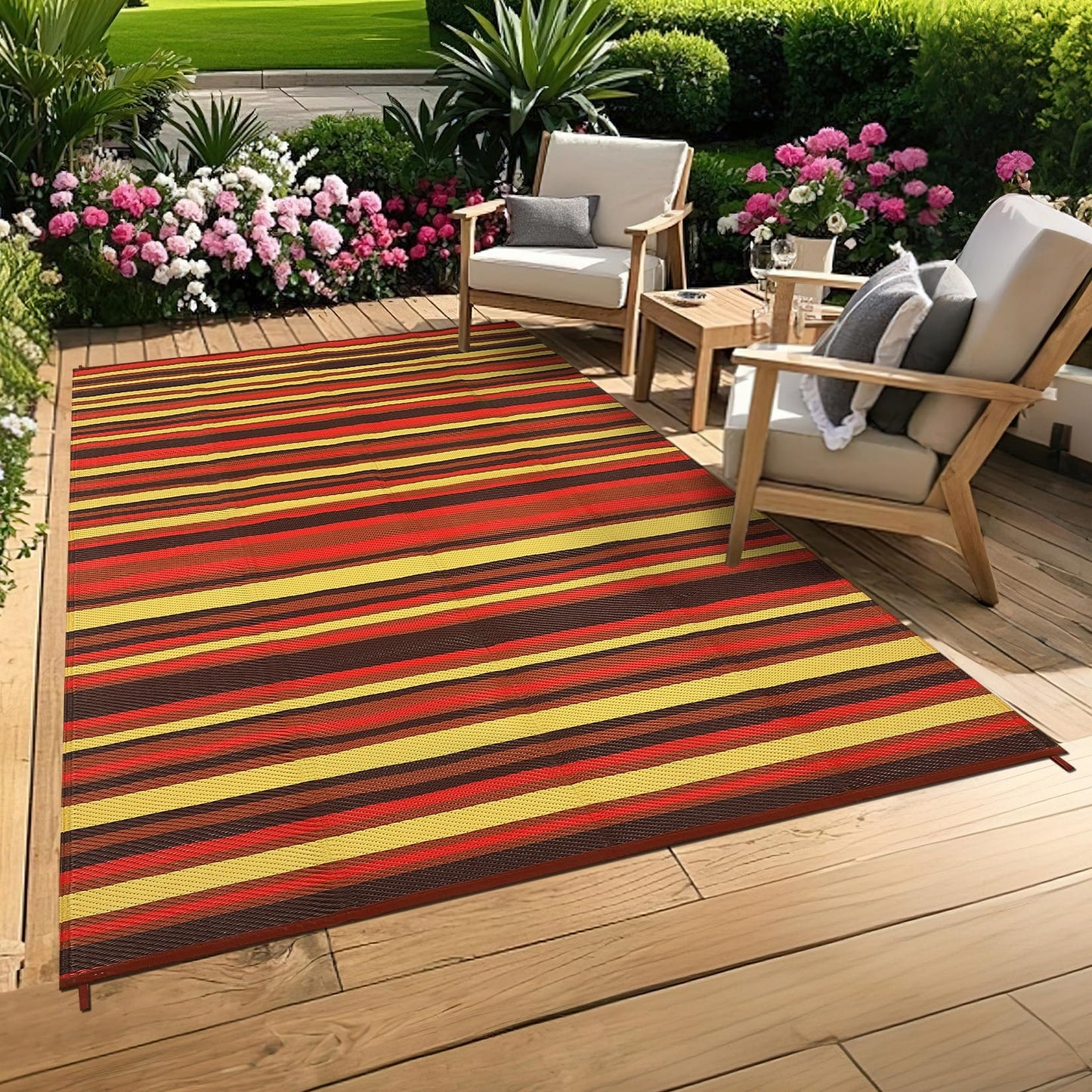 Garvee Outdoor Rug 9x18 Waterproof Outside Carpet for Patio, Reversible Modern Colorful Stripe RV Rug, Durable UV Resistant Deck Mat for Poolside Garden Backyard Balcony