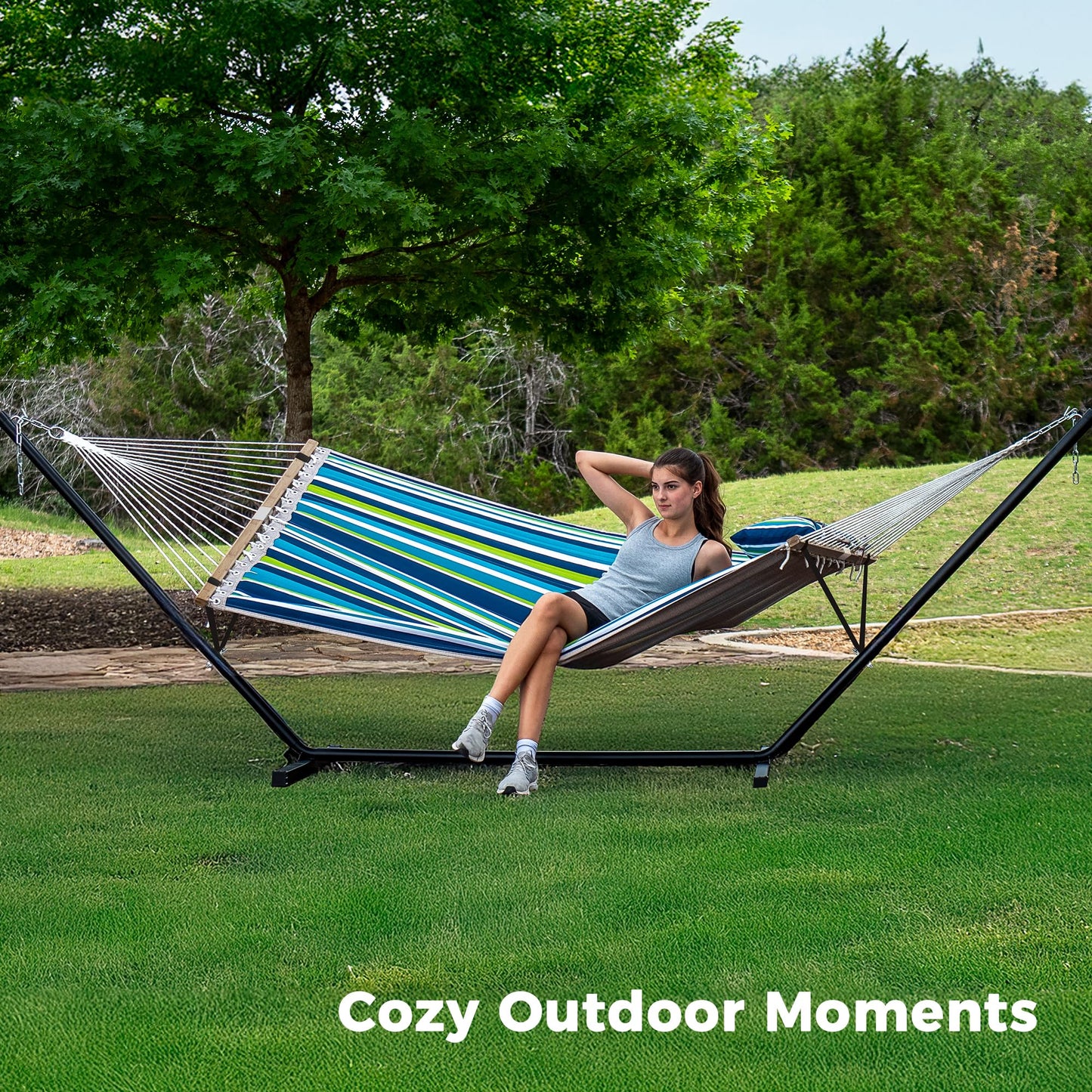 SUPERJARE Hammock with Stand, 2 Person Quilted Outdoor Hammock, Detachable Pillow & Bamboo Spreaders, Portable Hammock with Carrying Bag, Heavy Duty Stand, Perfect for Outside, Patio, Dark Cyan