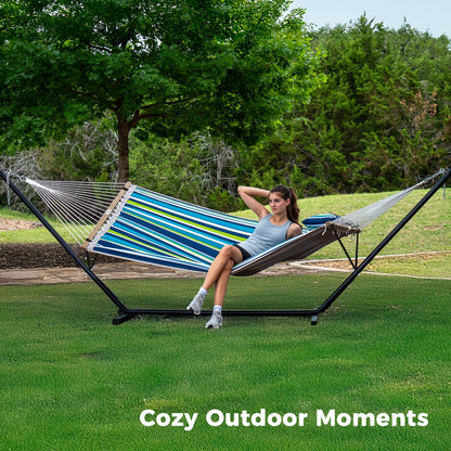 SUPERJARE Hammock with Stand, 2 Person Quilted Outdoor Hammock, Detachable Pillow & Bamboo Spreaders, Portable Hammock with Carrying Bag, Heavy Duty Stand, Perfect for Outside, Patio, Dark Cyan