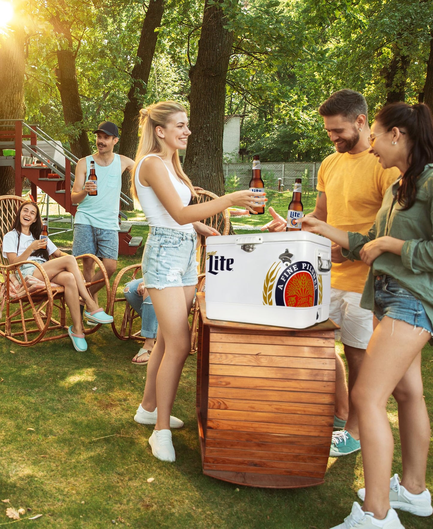 Miller Light Ice Chest Cooler - Portable Ice Bucket with Bottle Opener, Vintage Style, Insulated for Camping, Beach, Picnic, RV, BBQs, Tailgating, Fishing, Steel-Belted, 85 Can Ice Box, 51L (54 qt)