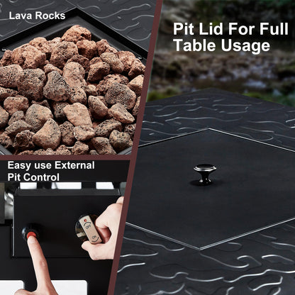 VECELO Propane Fire Pit, 30 Inch Outdoor Gas Fire Table, 50,000 BTU Square Firepit with Lid and Lava Rock, Adjustable Flame Steel Fire Table for Outdoor, Patio, Backyard, Party, Black