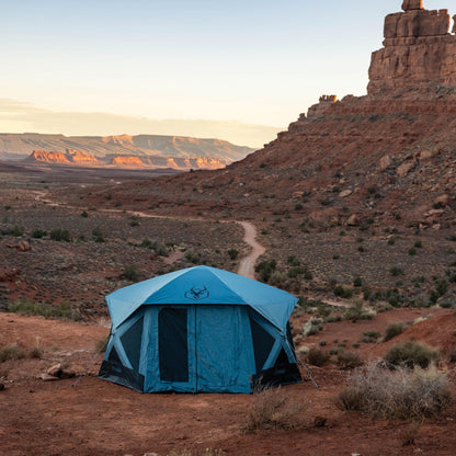 Gazelle Tents™ T-Hex Hub Tent Overland Edition, Easy 90 Second Set-Up, Waterproof, UV Resistant, TriTech Mesh, Removable Floor, All-Terrain Stakes, Duffle Bag, 7-Person, Pacific Blue, 85”x 144”x 136”