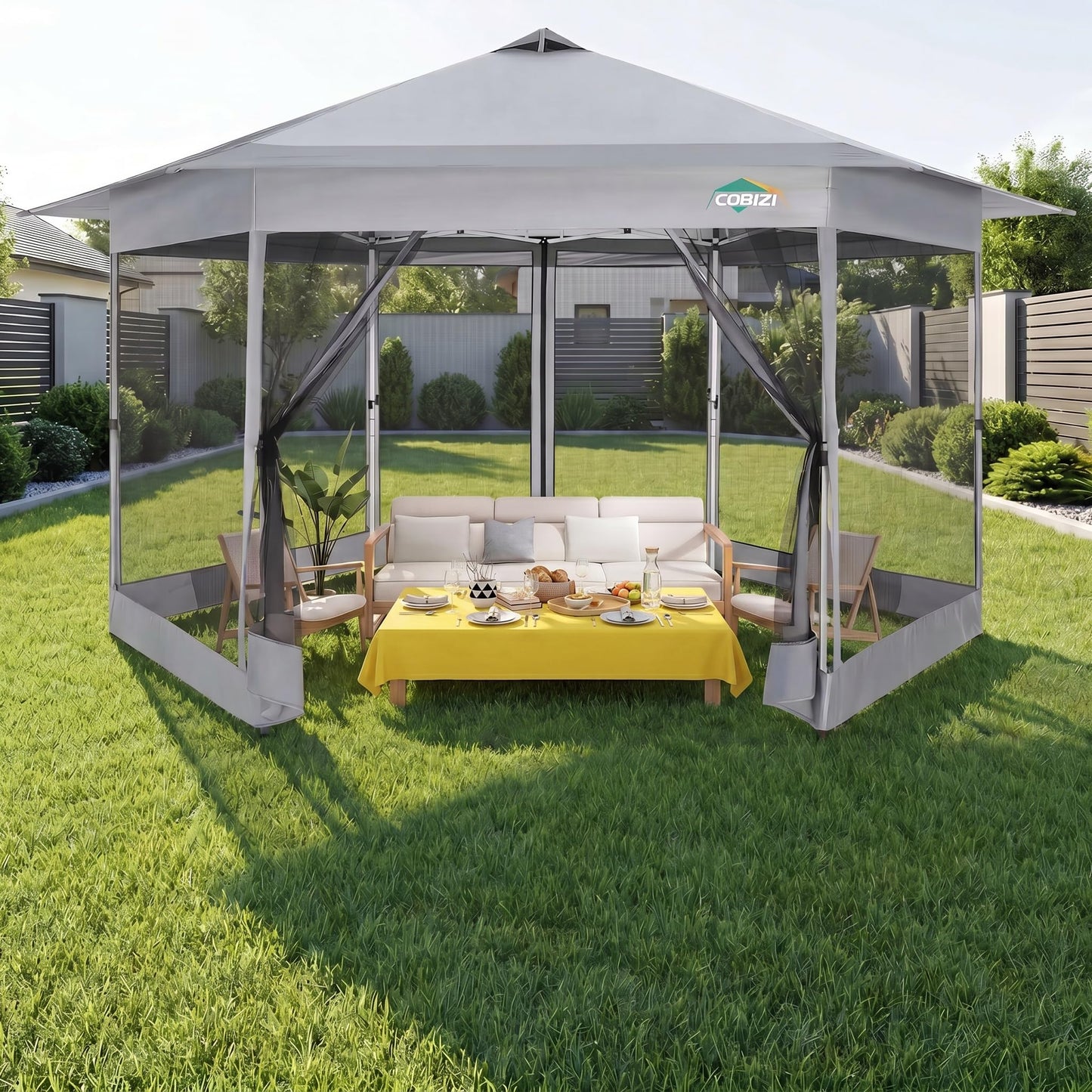 COBIZI 16x16 Pop up Gazebo on Clearance, Hexagonal Outdoor Canopy Tent with Mosquito Netting，Adjustable Height and 256 Square ft of Shade for Party, Backyard, Gardens with Vented Top（Gray）