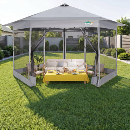 COBIZI 16x16 Pop up Gazebo on Clearance, Hexagonal Outdoor Canopy Tent with Mosquito Netting，Adjustable Height and 256 Square ft of Shade for Party, Backyard, Gardens with Vented Top（Gray）