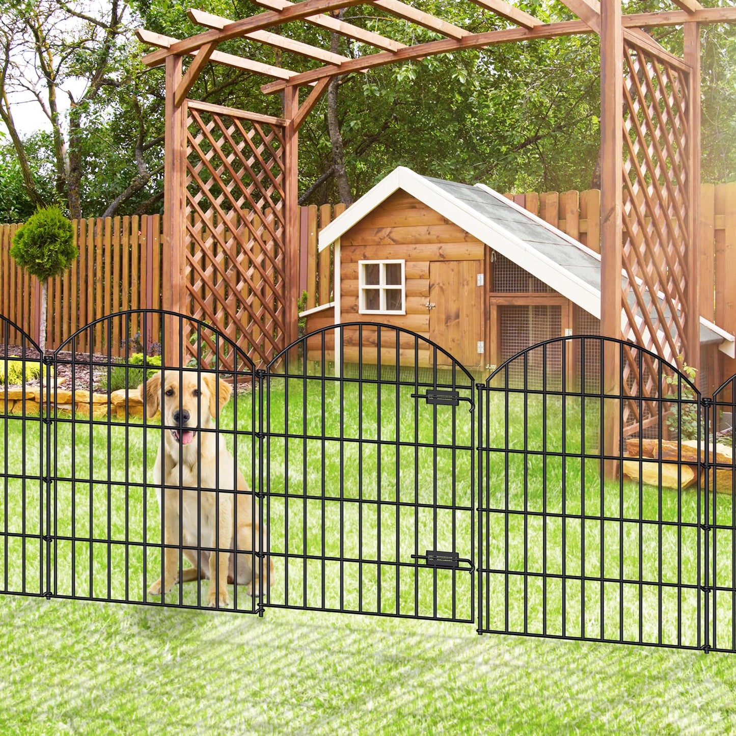 FOREHOGAR Metal Garden Fence with Gate 36in (H) x 23.3ft (L), 1 Gate+ 9 Panels Dog Fence Border Fence Animal Barrier, No Dig Garden Fencing for Yard Flower Bed Lawn Patio Outdoor, ECG3610, Black