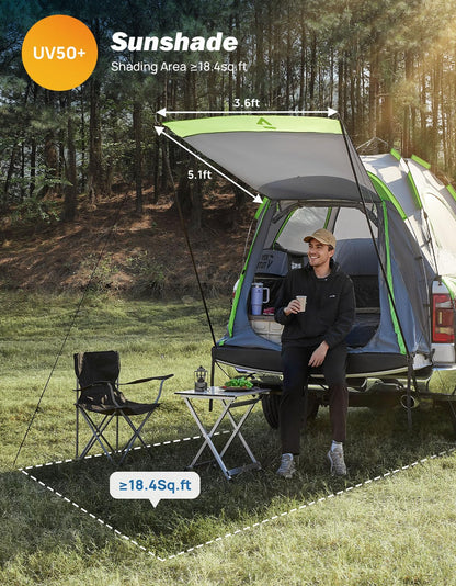 JOYTUTUS Semi-Automatic Truck Bed Tent with Awning, Easy Set-up with Pre-Assembled Design, 2 Person Portable Truck Camping Tent with Rainfly for 5.5FT-5.8FT Pickup Truck Bed, Waterproof PU2000mm