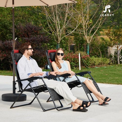 JEAREY Oversized Padded Zero Gravity Chair - Comfortable Folding Lounge Chair with Headrest & Cup Holder | Black/Red