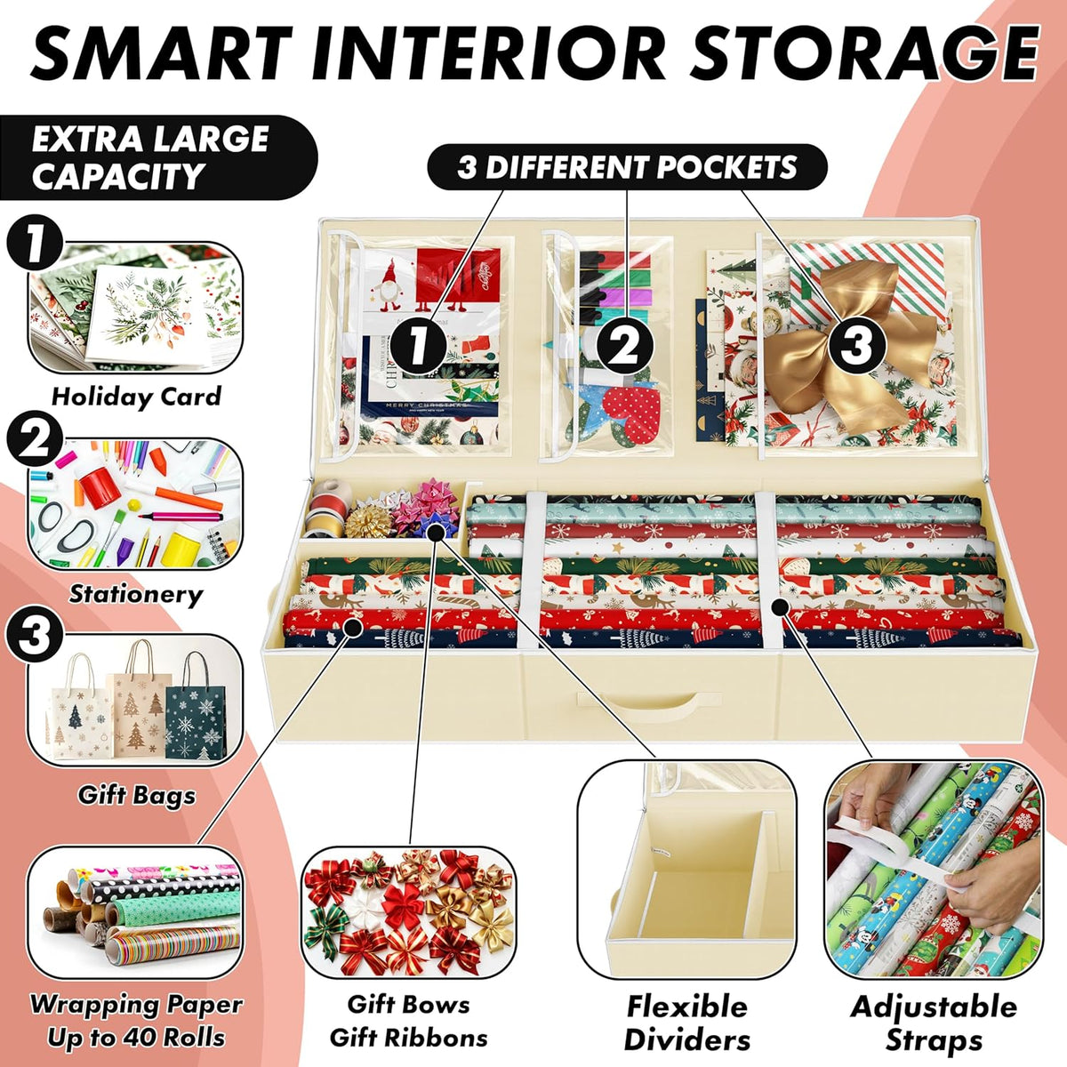 Simple Houseware Wrapping Paper Storage Organizer - Holds 40 Rolls with Adjustable Straps & Clear Pockets, 41.5''L x 16''W, Beige