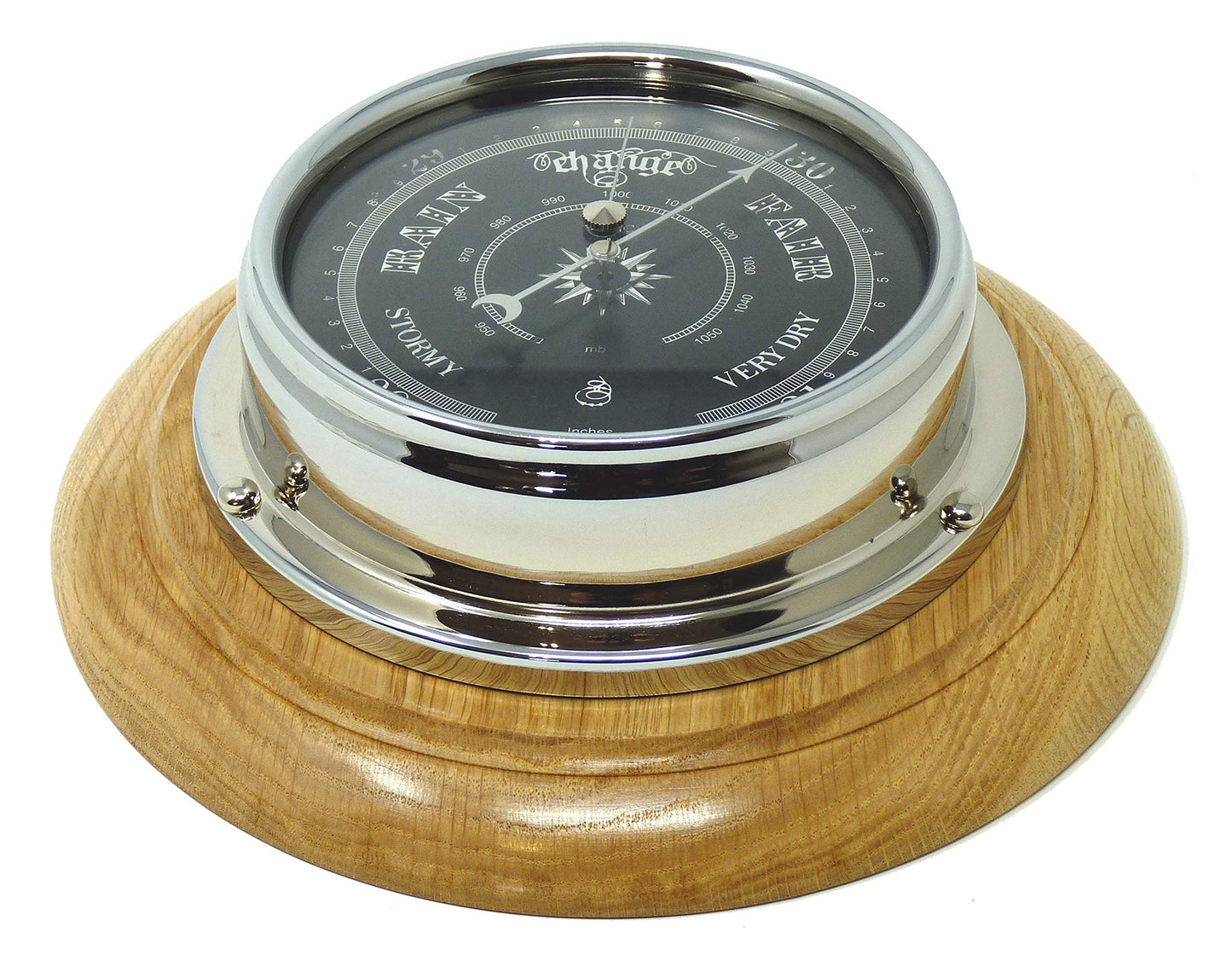 Tabic Prestige Traditional Chrome Barometer Handmade in England with Heavy Brass Case (1/2kg) - Electroplated Chromium Finish - Jet Black Dial - Solid English Oak Mount - Accurate Weather Forecasting