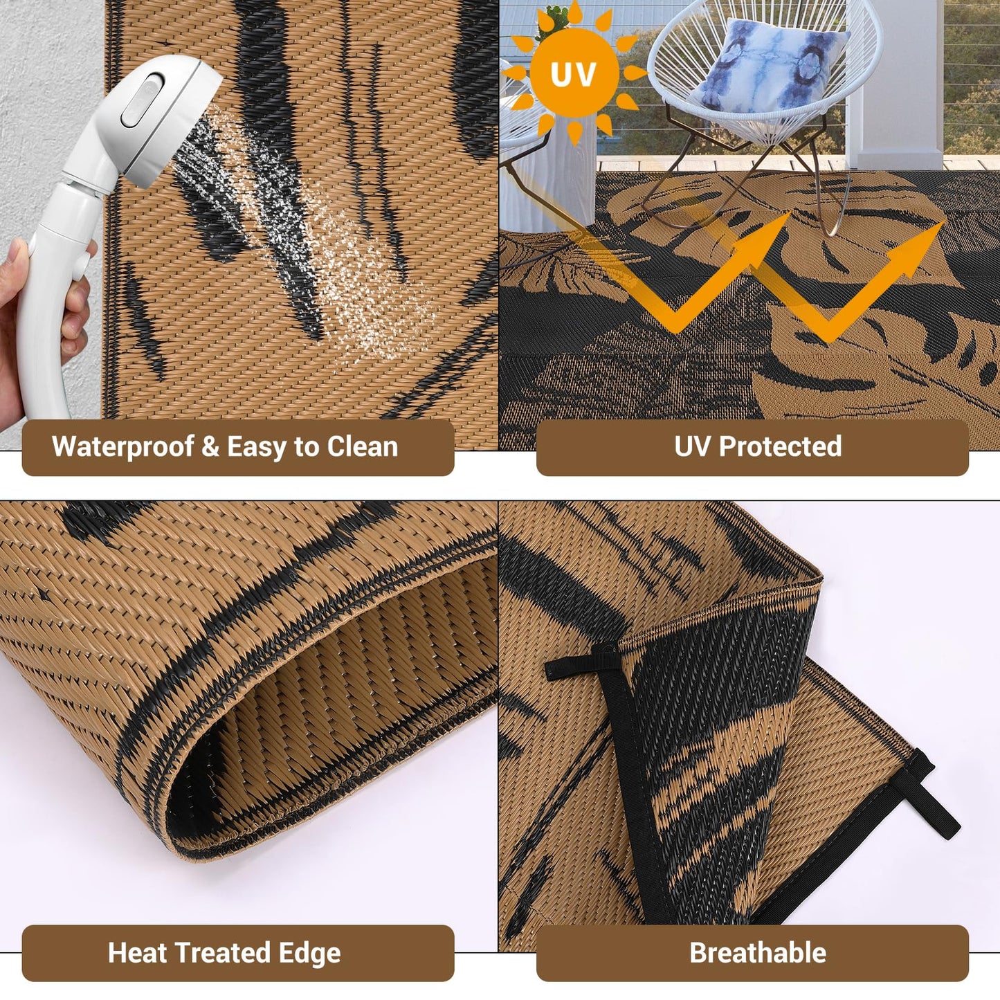 GarveeHome Outdoor Patio Rug 9x18 Waterproof Reversible Mat Leaves Camping Rugs Indoor Outdoor Rugs Carpet Large Area Rug Plastic Straw Rug for Patio Deck Balcony Pool RV Camping, Black and Brown